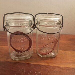 Pair (2) Vintage Clear Glass Pint MASON Jars w Glass Lids, Wire Bails